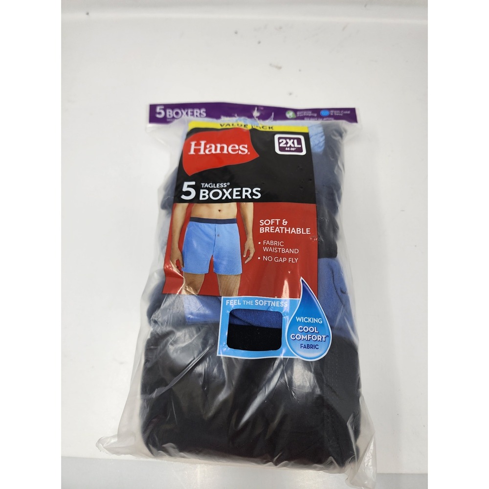 Hanes Mens Tagless 5 Pack Boxers Blue Cotton Blend Casual Size 2XL